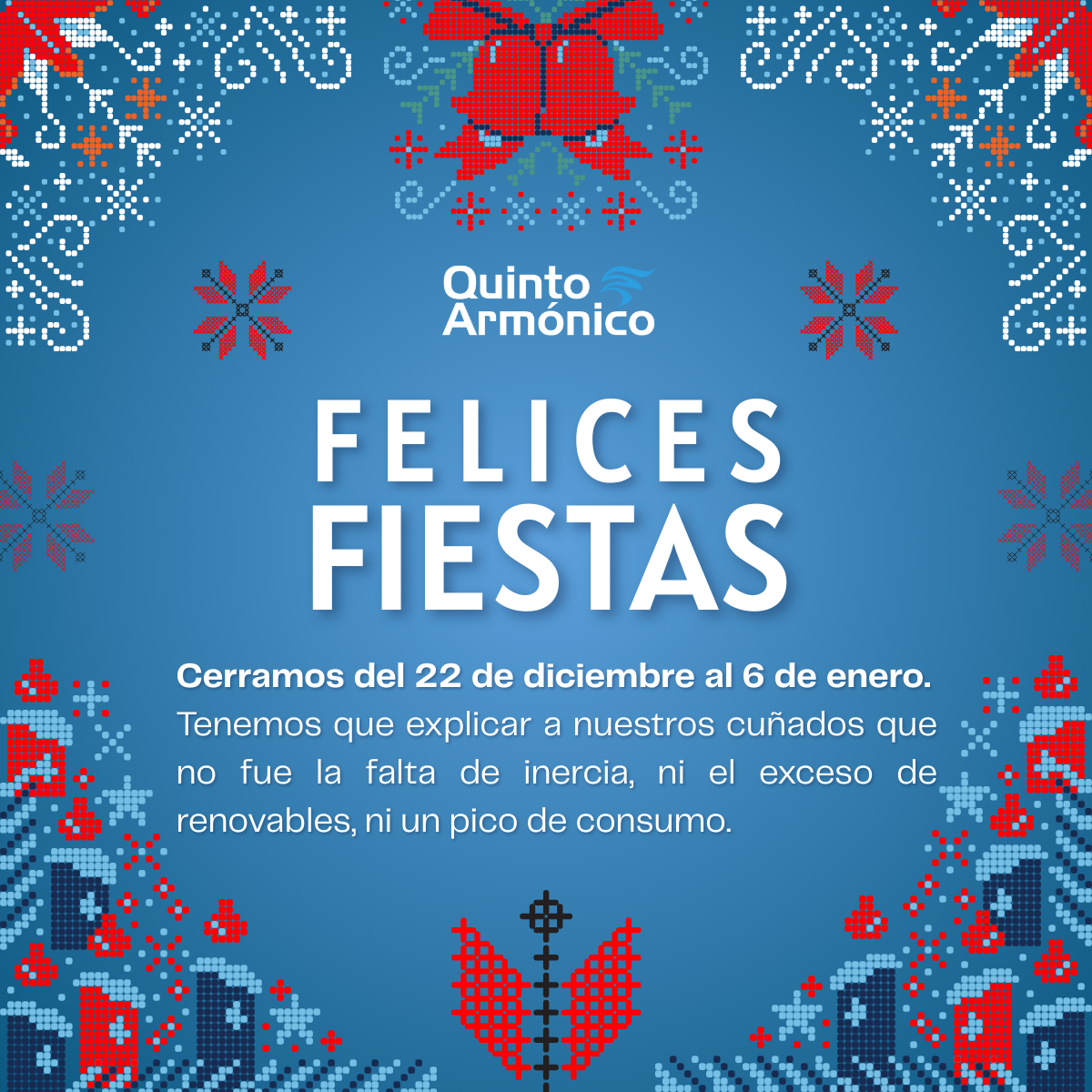 Sincronizando frecuencias para un 2026 lleno de energía (y un merecido descanso) 1 Felicitación estilo punto de cruz azul. Broma sobre cuñados y energía renovable.