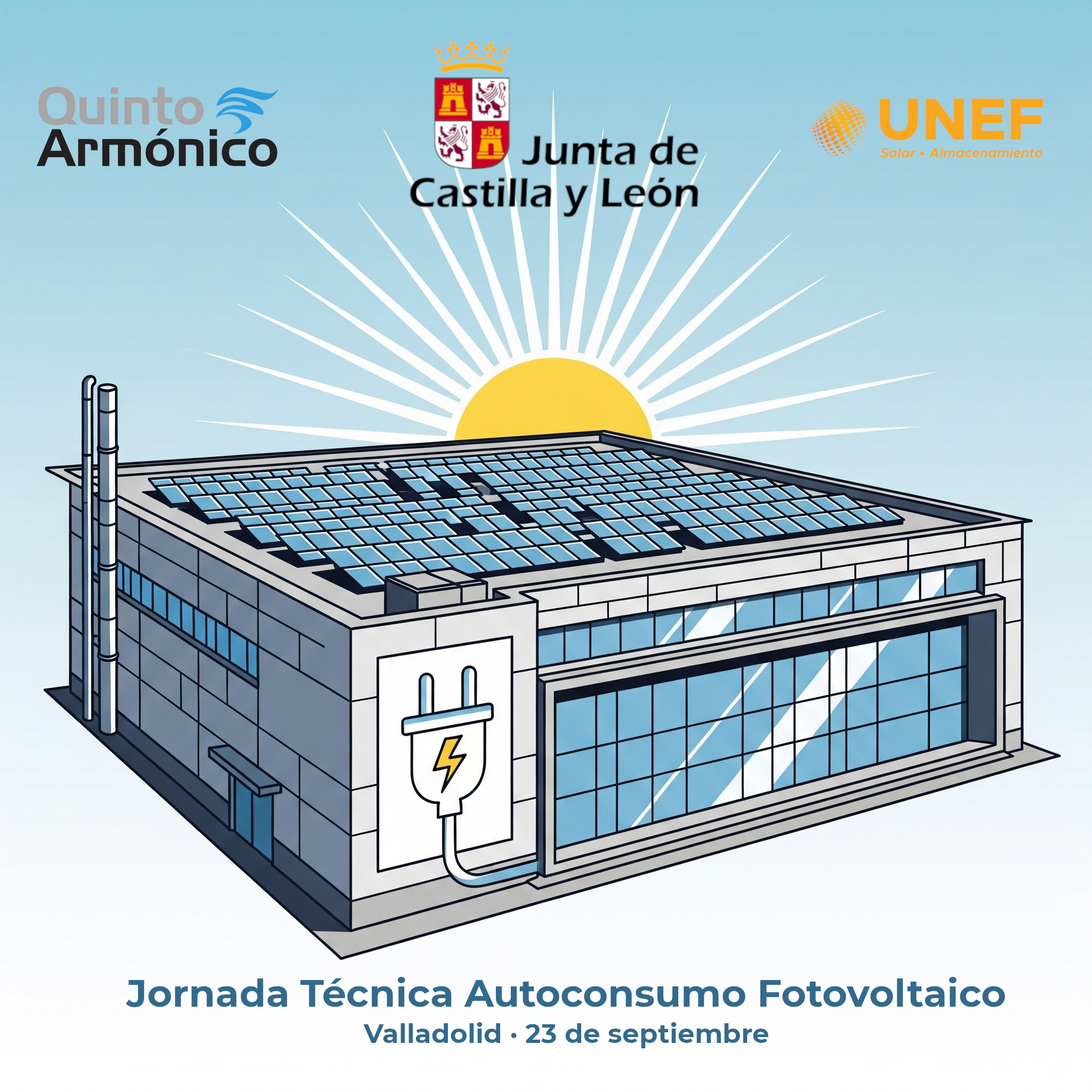 Dibujo técnico de una nave industrial con un sistema de autoconsumo fotovoltaico en el tejado.