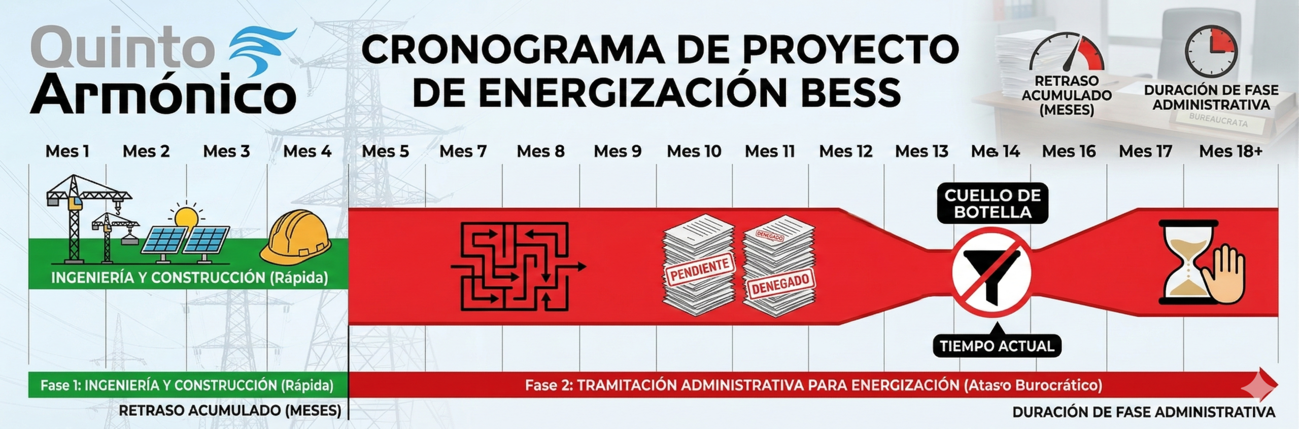 Diagrama de Gantt mostrando el cuello de botella en la tramitación administrativa para la energización de proyectos BESS frente a la rapidez de la construcción.